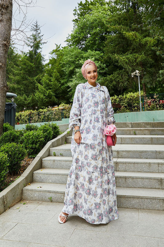 Abaya hijab con colletto a camicia e motivo modal grigio