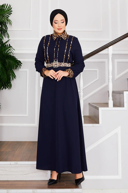 Abaya hijab con colletto a camicia e stampa leopardata blu navy