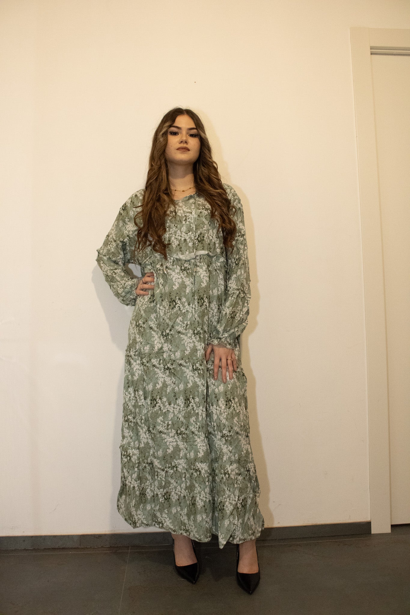 Abaya Casual Floreale -Verde Salvia
