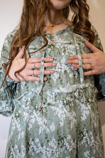 Abaya Casual Floreale -Verde Salvia