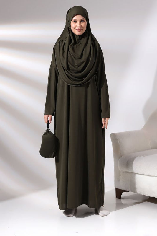 Abito da preghiera con borsa, pratico, foulard -khaki