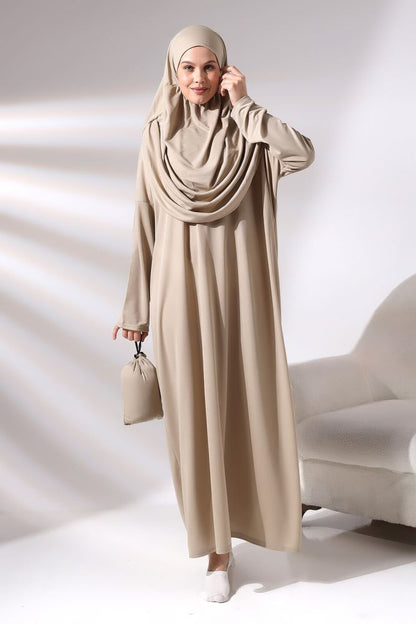 Abito da preghiera con borsa, pratico, foulard -beige