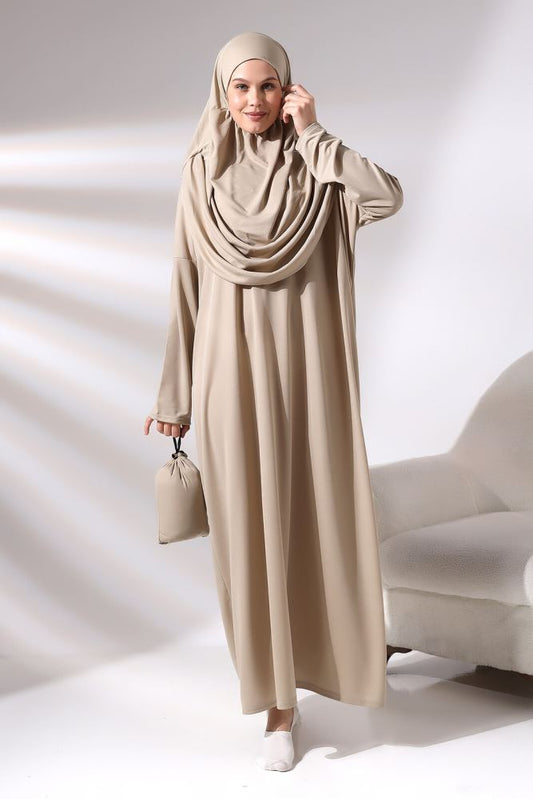 Abito da preghiera con borsa, pratico, foulard -beige