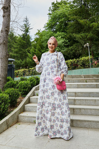 Abaya  hijab con colletto a camicia e motivo modal grigio