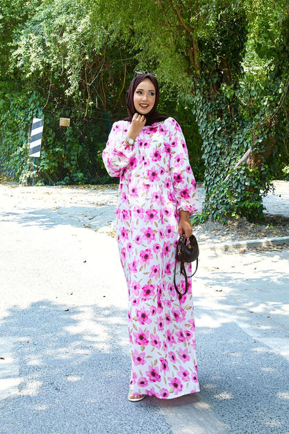 Abaya hijab con colletto a camicia e motivo modal rosa