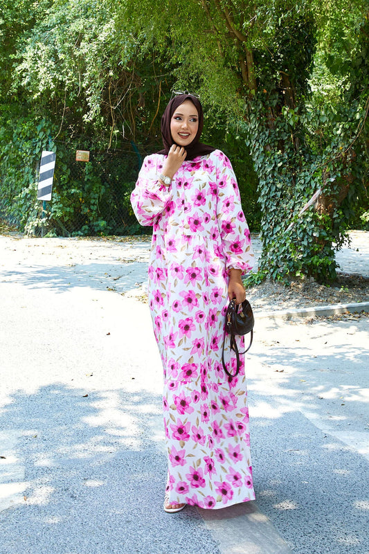 Abaya hijab con colletto a camicia e motivo modal rosa