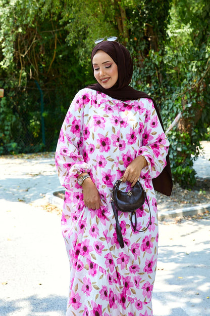 Abaya hijab con colletto a camicia e motivo modal rosa