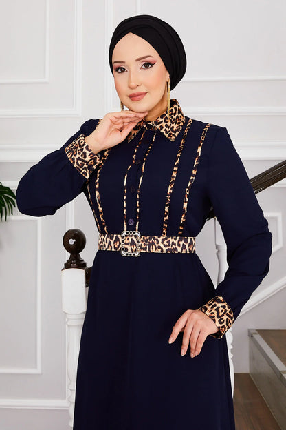 Abaya hijab con colletto a camicia e stampa leopardata blu navy