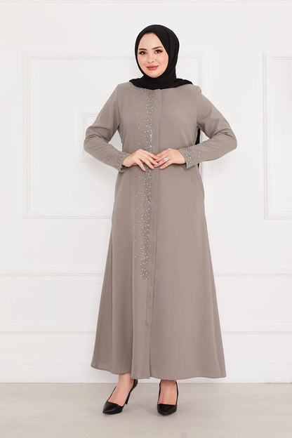 Abaya grigia con Dettagli in Pietra Beige