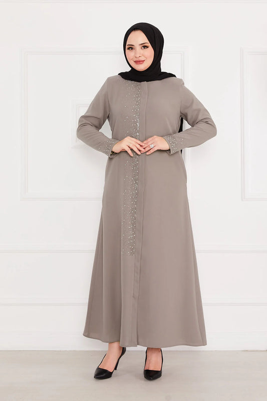 Abaya grigia con Dettagli in Pietra Beige