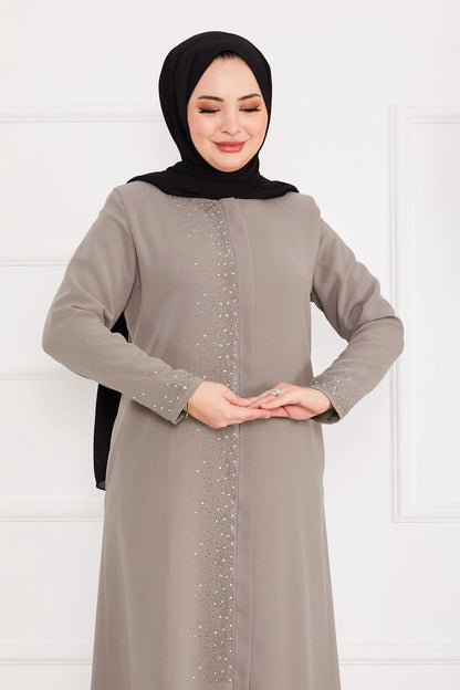 Abaya grigia con Dettagli in Pietra Beige