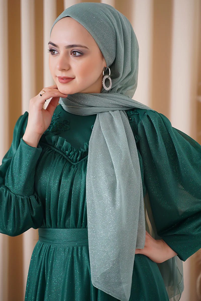 Hijab per abito da sera verde acqua argentato