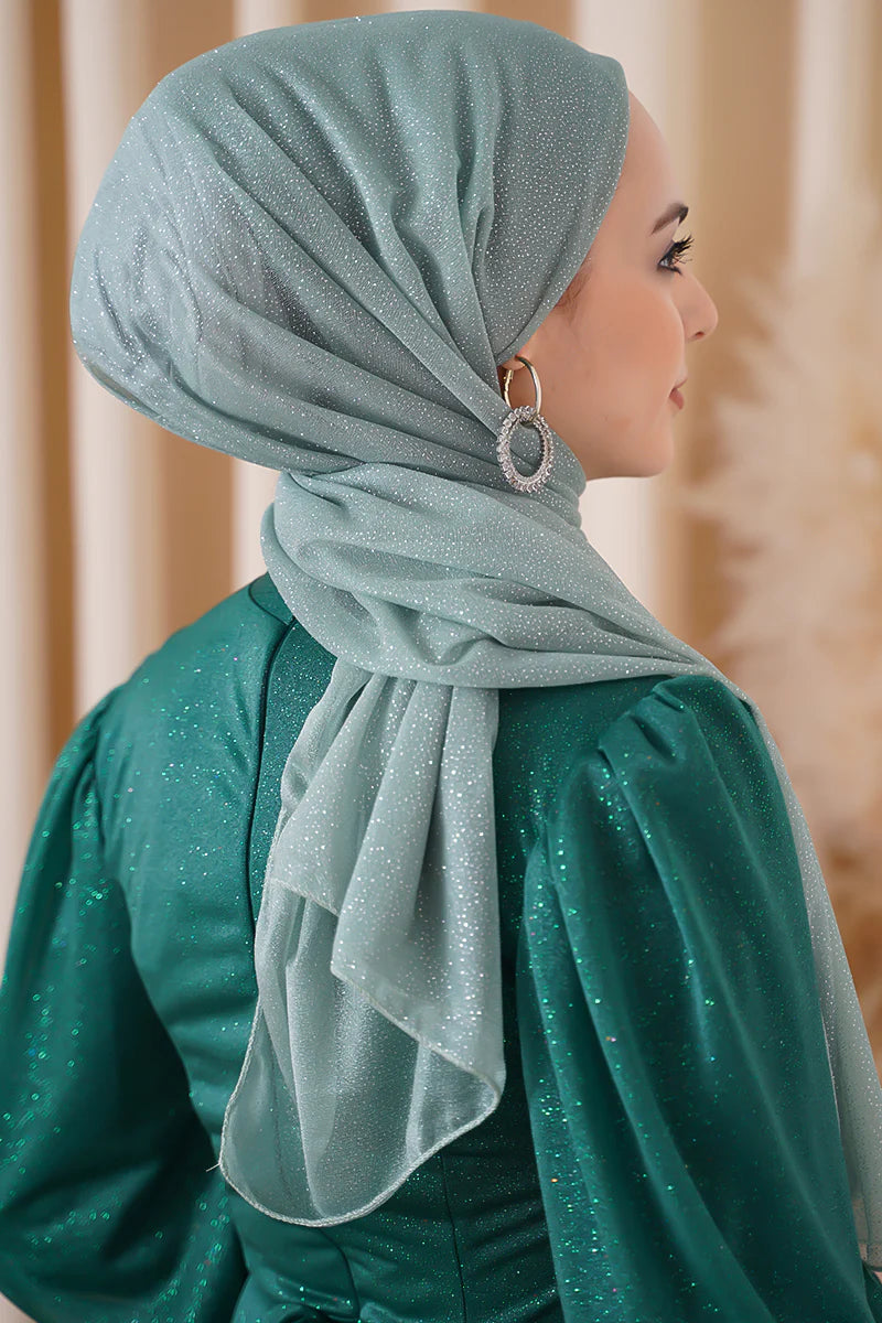 Hijab per abito da sera verde acqua argentato