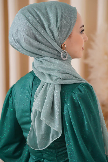 Hijab per abito da sera verde acqua argentato