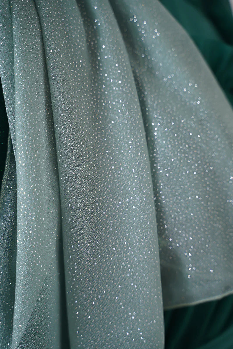 Hijab per abito da sera verde acqua argentato