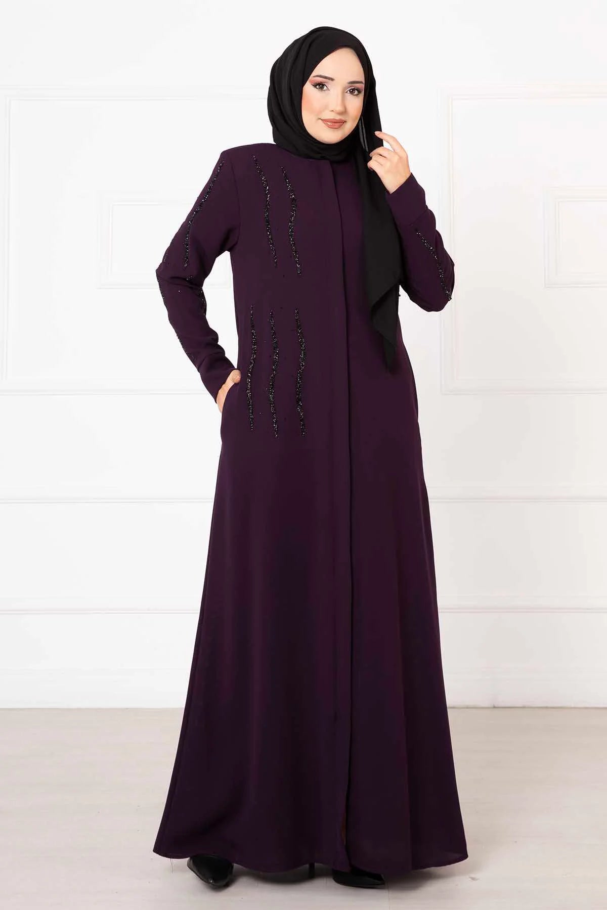 Abaya Ferace a nido d'ape con dettagli in pietra, viola