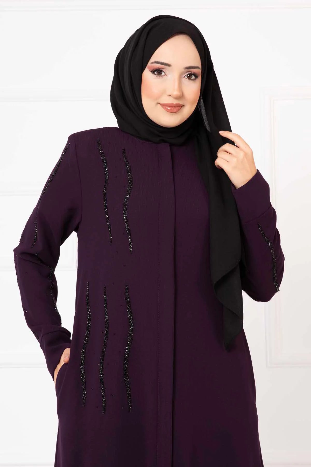 Abaya Ferace a nido d'ape con dettagli in pietra, viola