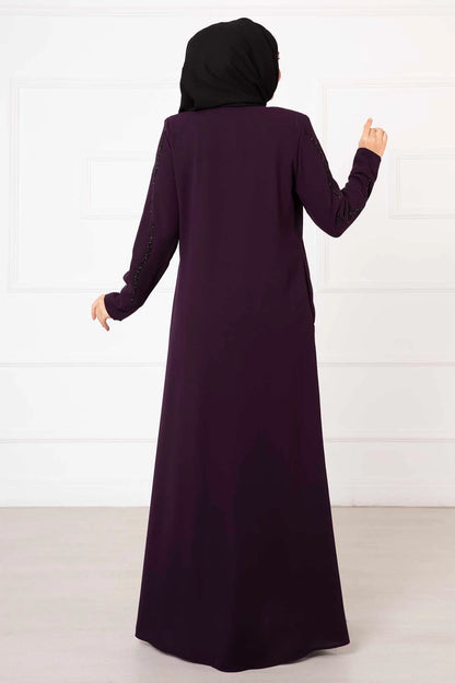 Abaya Ferace a nido d'ape con dettagli in pietra, viola